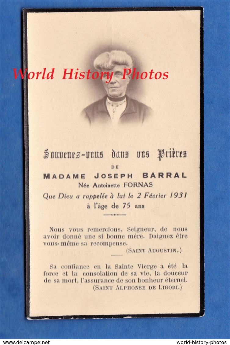 Faire Part De Décés Avec Photo - Antoinette FORNAS épouse De Joseph BARRAL - Décédée Le 2 Février 1931 - Lyon - Décès