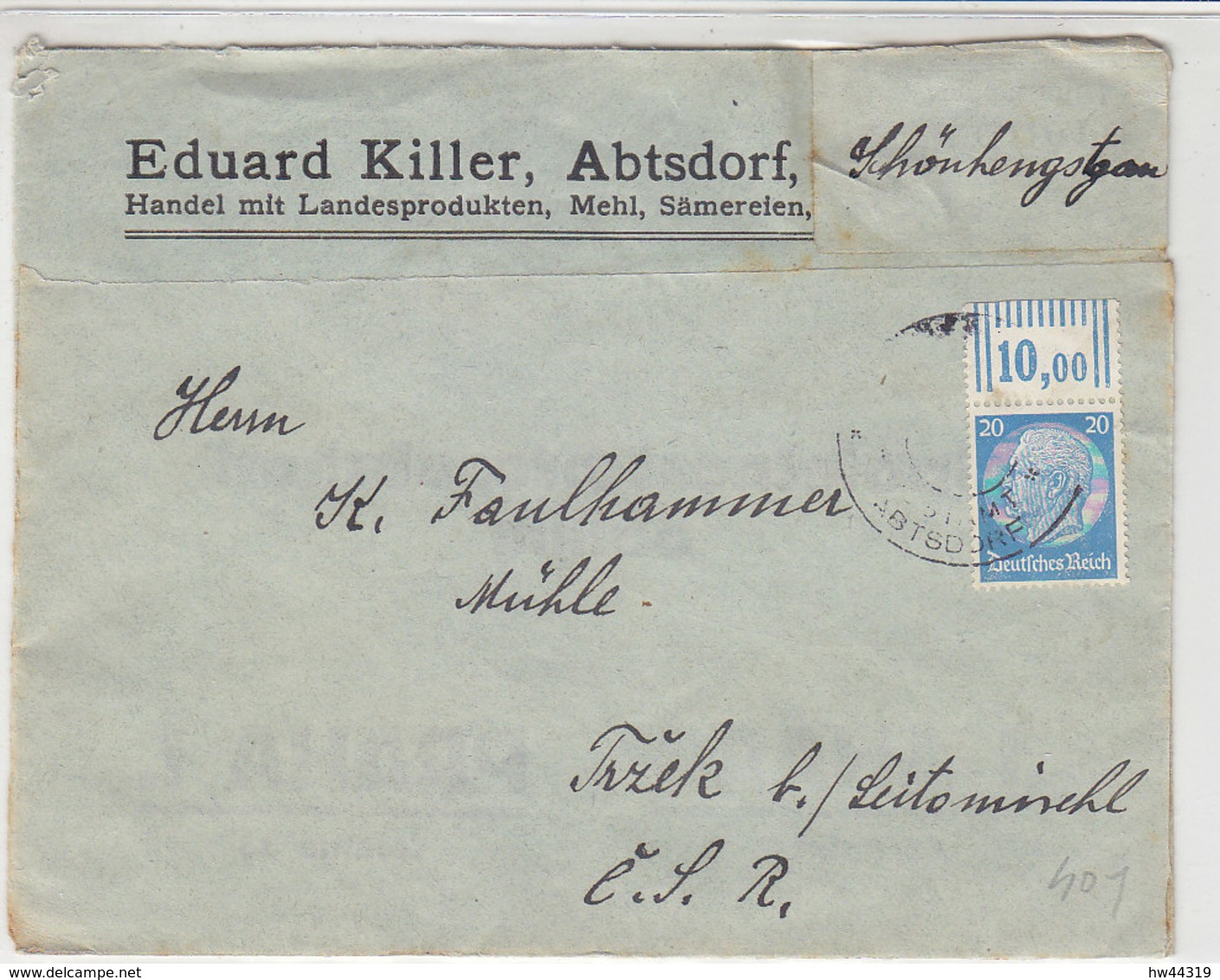 SUDETEN - Fa.Brief Aus POSTAMT ABTSDORF Nach Trzek B. Leitmühl - Occupation 1938-45