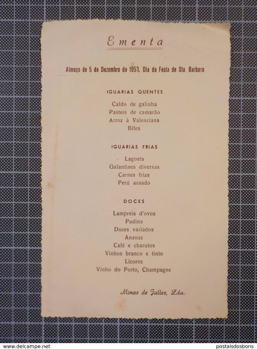 Cx 9) Portugal Menu Ementa Almoço 5/12/1953 Festa De Santa Barbara Nas MINAS JALLES Autografado 20x12,5cm - Menus