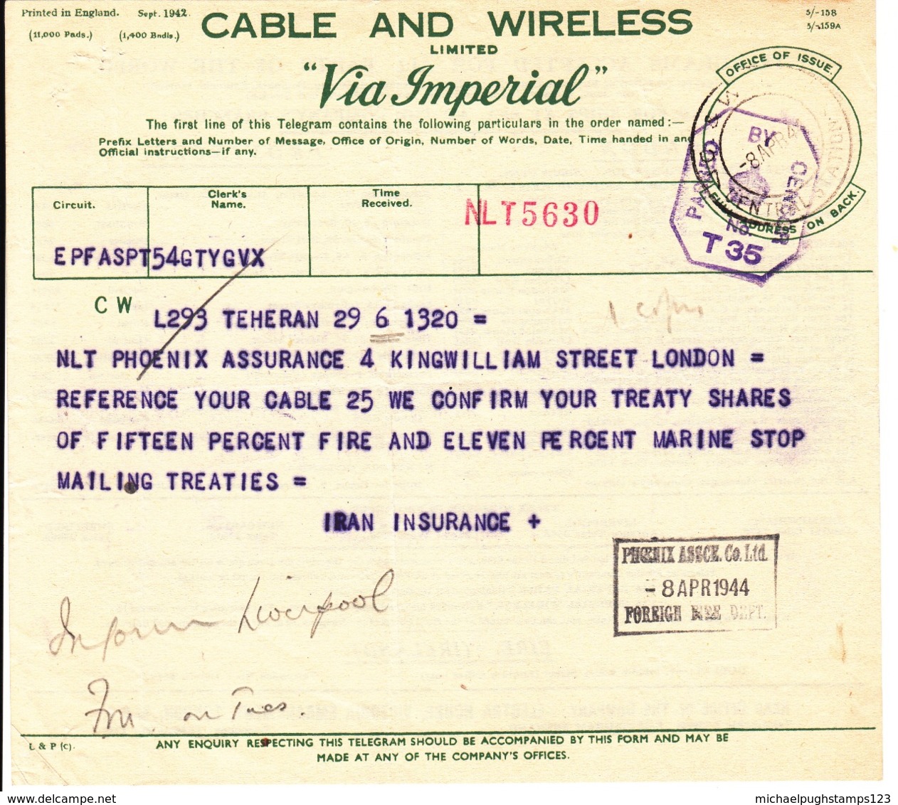 G.B. / Telegrams / Censorship / Cable + Wireless / Insurance / Politics / Iran - Zonder Classificatie