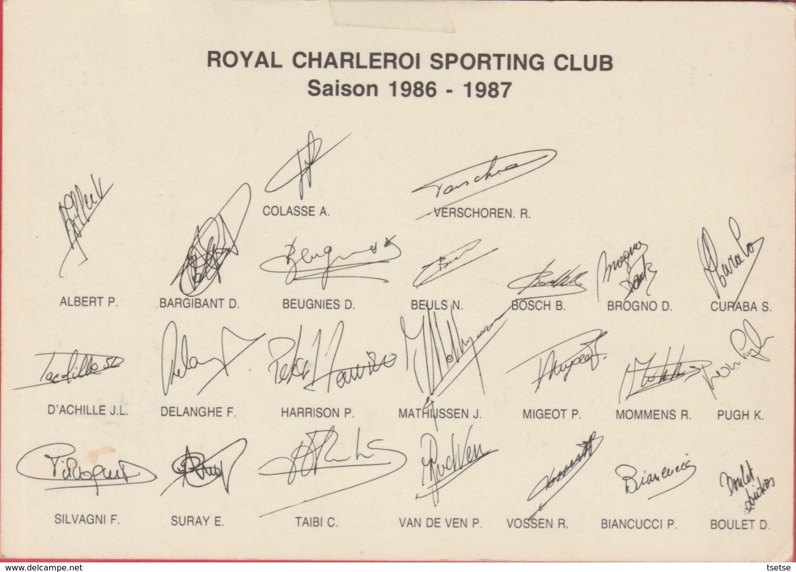 Sporting De Charleroi - Equipe , Saison 1986-1987 ( Voir Verso, Signatures Des Joueurs ) - Calcio