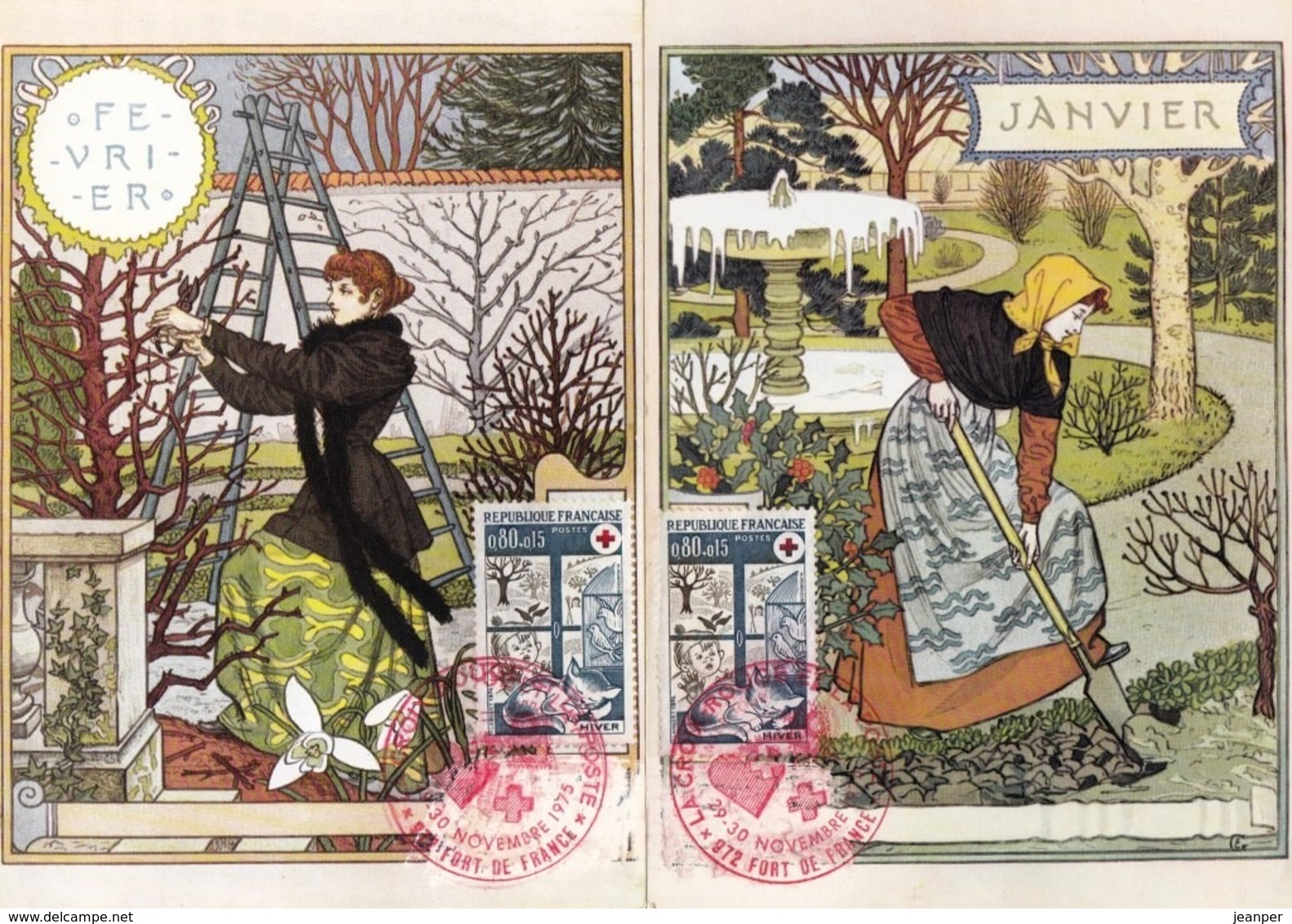 Peintures Eugène Grasset 1896 - La Belle Jardinière - 12 CPM Mois Avec Timbres Croix Rouge Premier Jour 1975 - Paintings