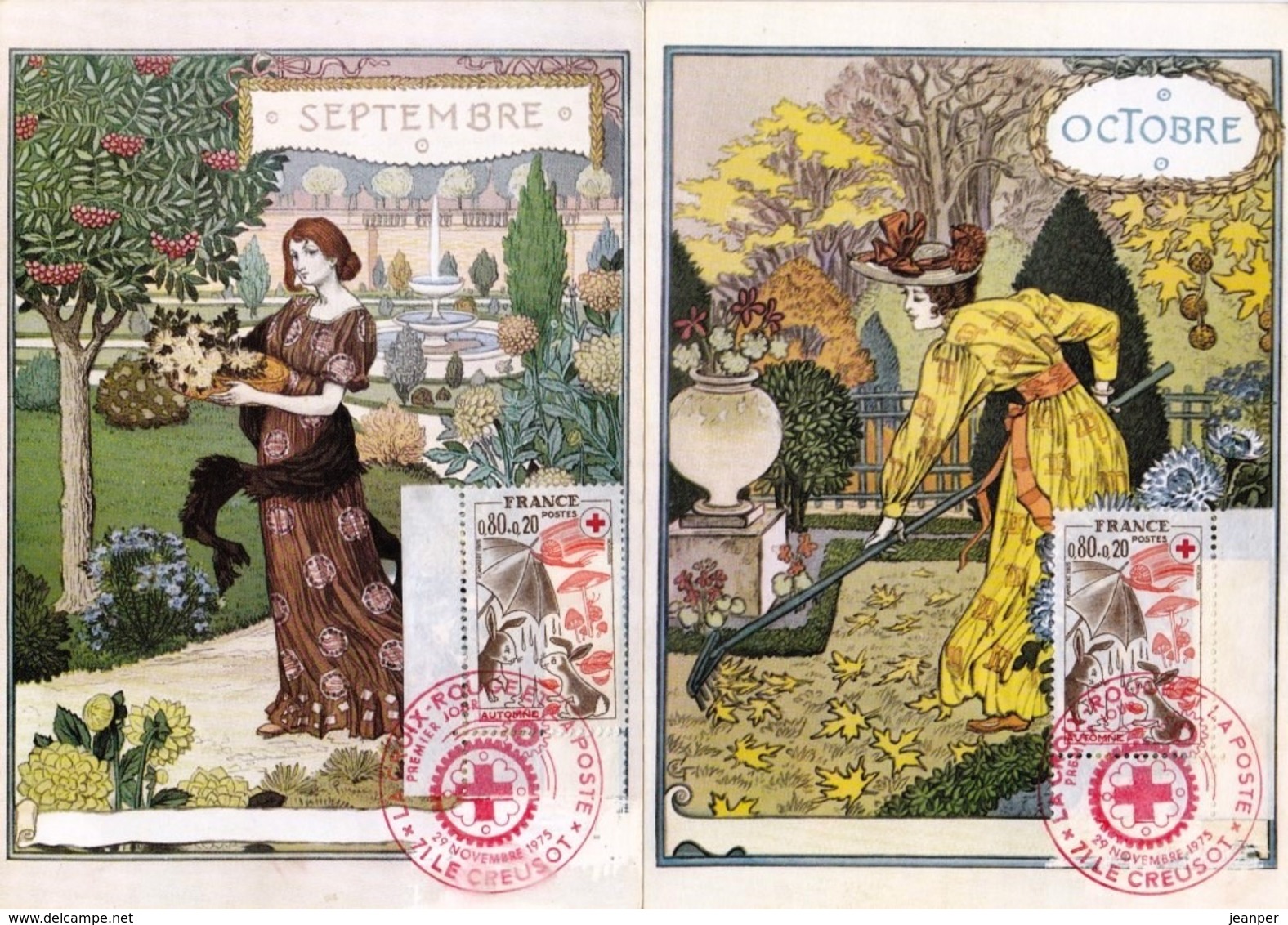 Peintures Eugène Grasset 1896 - La Belle Jardinière - 12 CPM Mois Avec Timbres Croix Rouge Premier Jour 1975 - Paintings