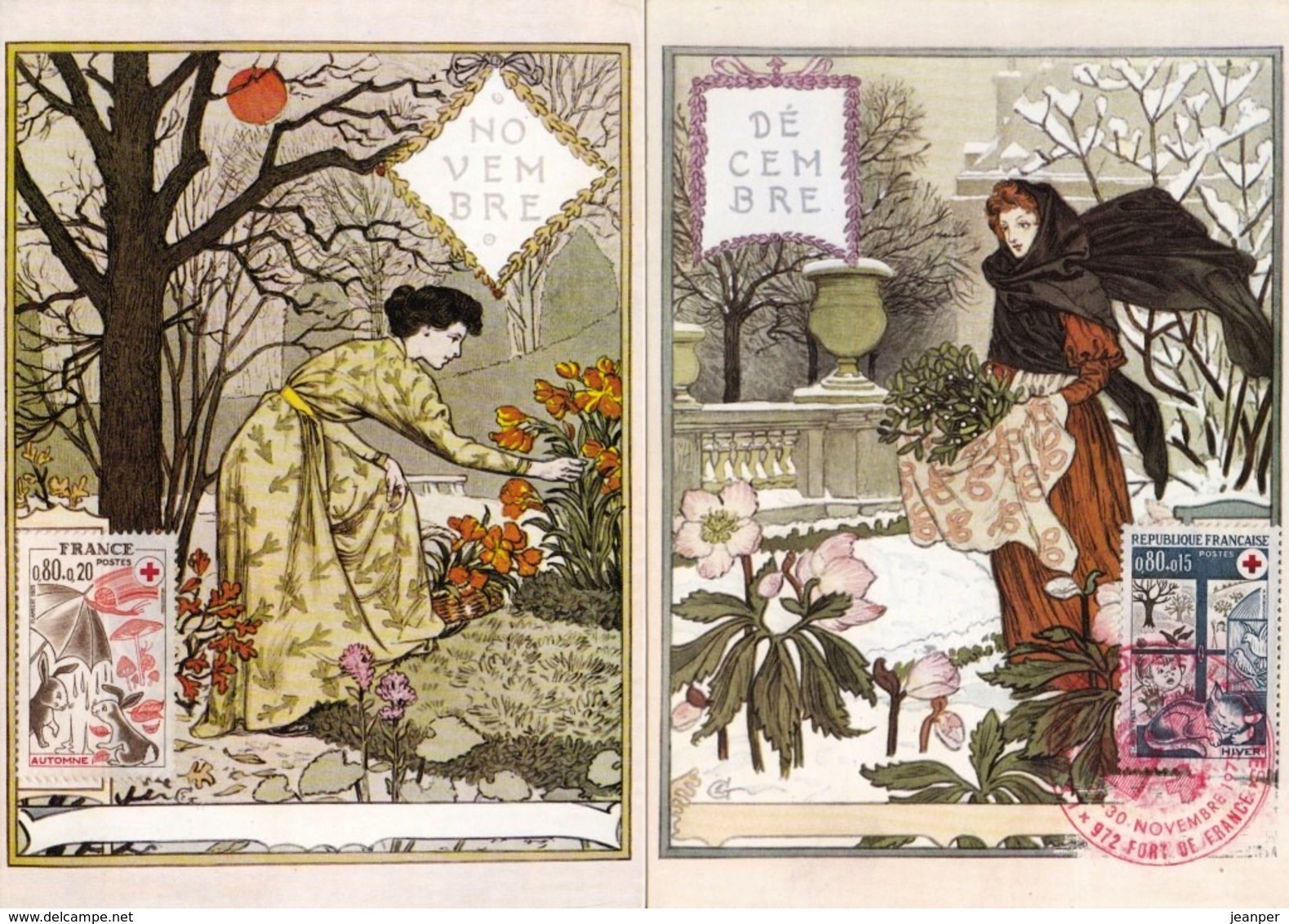 Peintures Eugène Grasset 1896 - La Belle Jardinière - 12 CPM Mois Avec Timbres Croix Rouge Premier Jour 1975 - Paintings