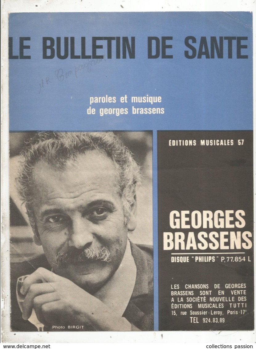 Partition Musicale Ancienne , GEORGES BRASSENS , LE BULLETIN DE SANTE , Frais Fr 1.85e - Partitions Musicales Anciennes