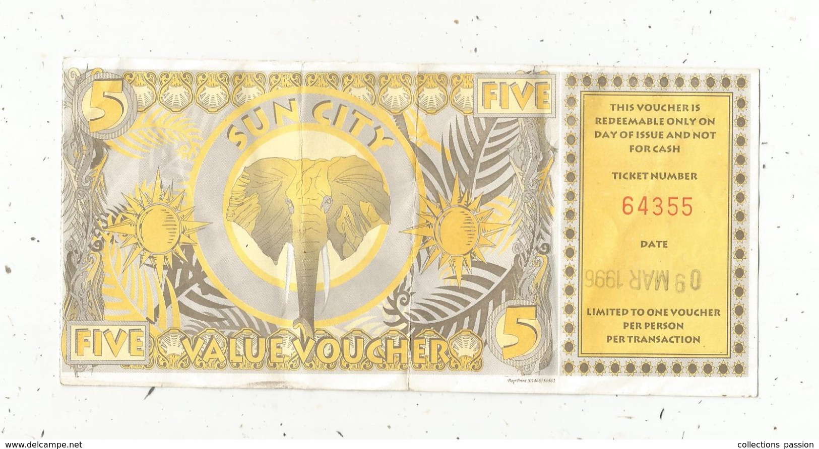 BILLET FICTIF ,AFRIQUE DU SUD , 5 ,five , SUN CITY , Complexe De Loisirs , Value Voucher,  1996 ,2 Scans - Fiktive & Specimen