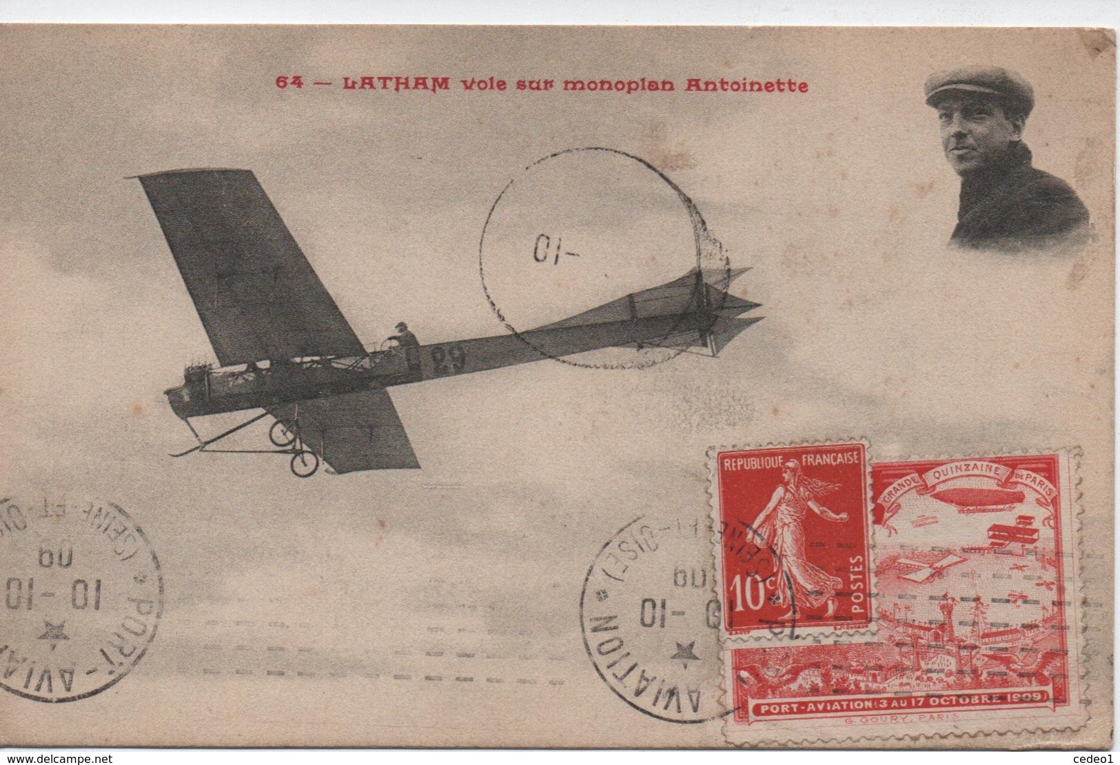 LATHAM  VOLE SUR MONOPLAN ANTOINETTE  AVEC VIGNETTE  PORT AVIATION 3 AU 17 OCTOBRE 1909 - Flieger
