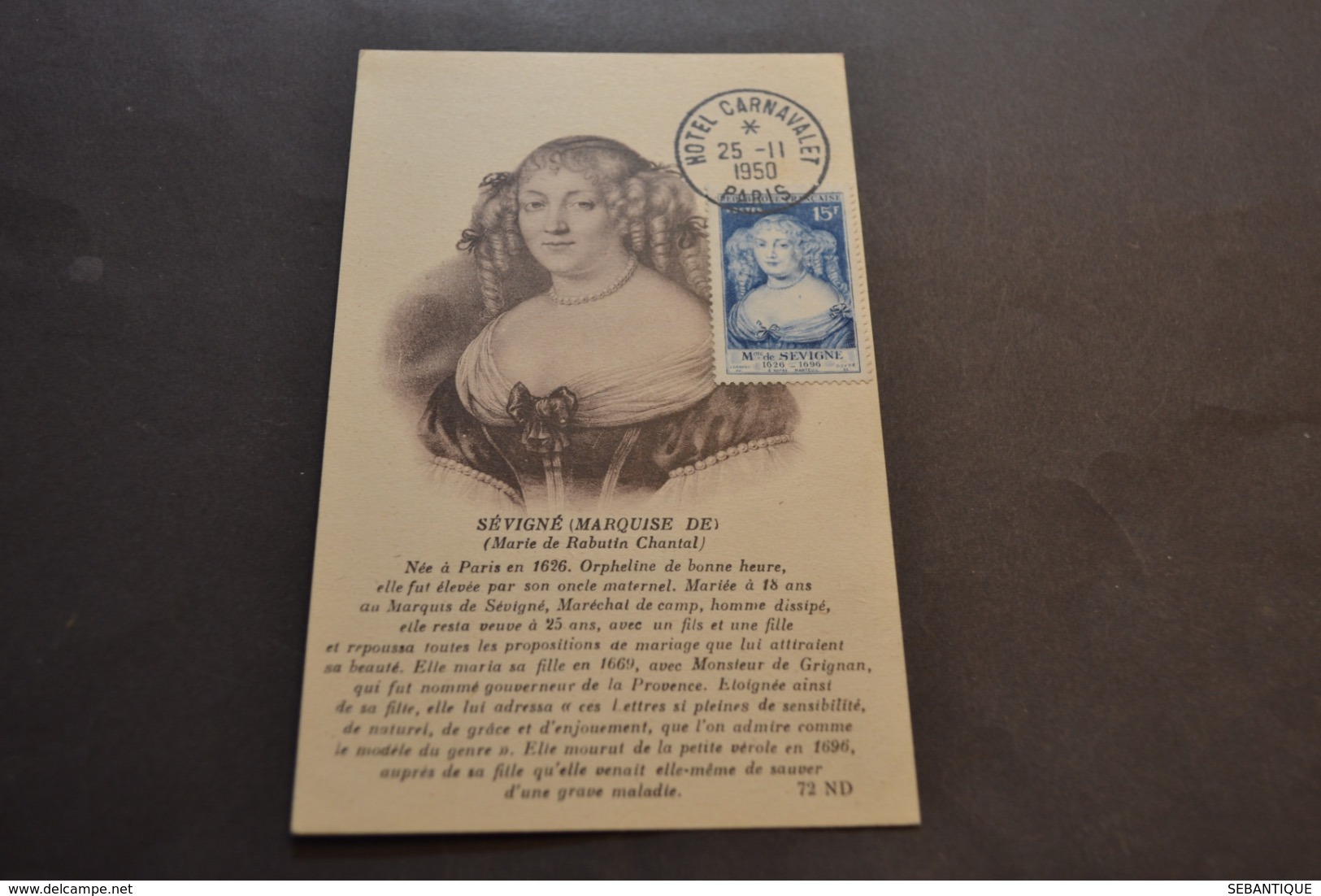 Carte Maximum Marquise De Sévigné N°874 Oblitération 1° Jour Hôtel Carnavalet 25/11/1950 - 1950-1959