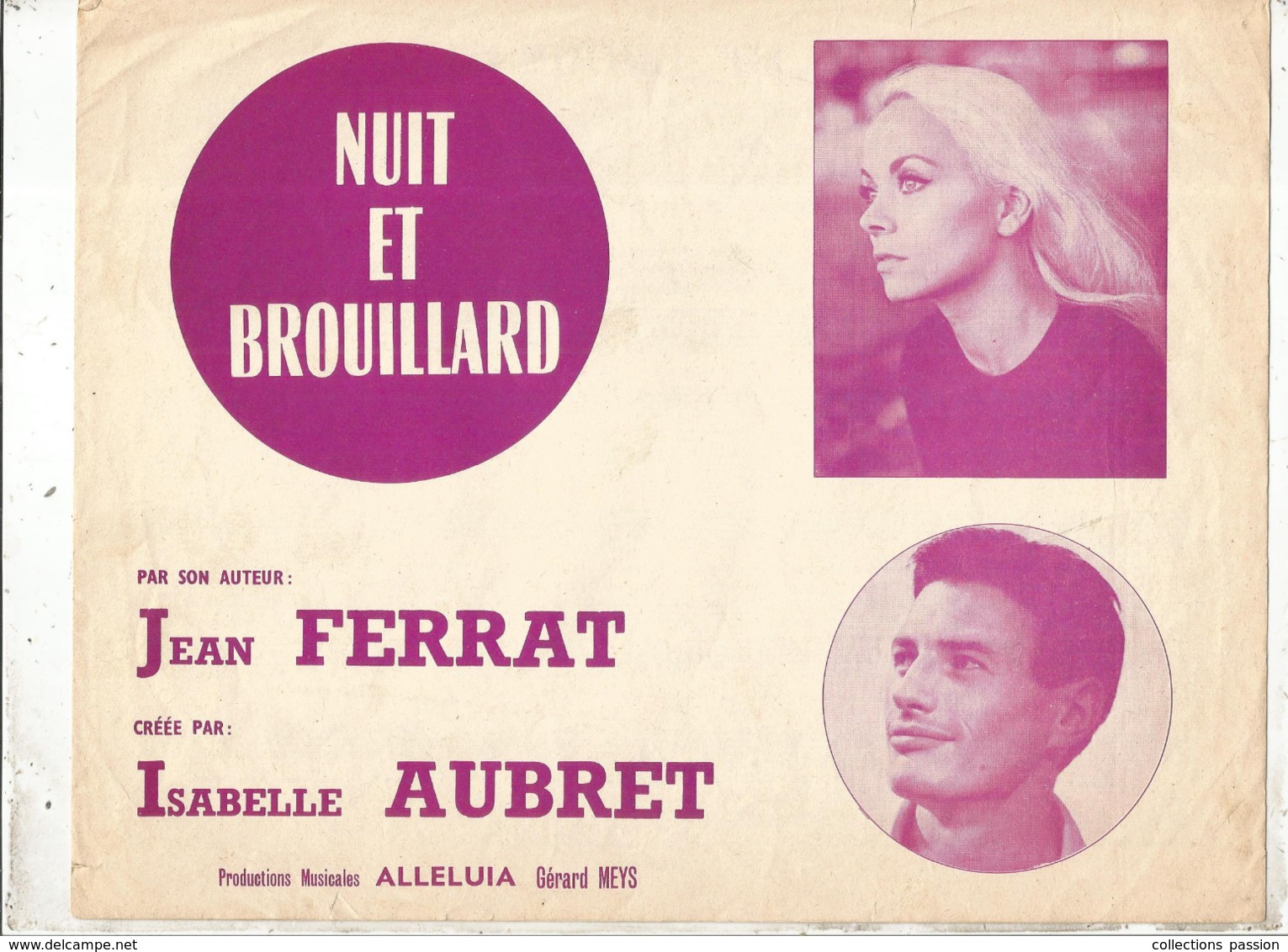 Partition Musicale Ancienne , JEAN FERRAT , ISABELLE AUBRET , NUIT ET BROUILLARD, Frais Fr 1.85e - Partitions Musicales Anciennes