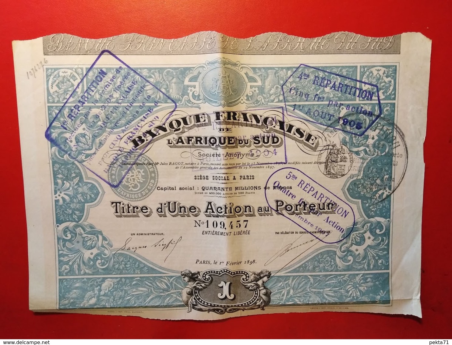 BANQUE FRANCAISE DE L'AFRIQUE DU SUD 1898 - Banca & Assicurazione