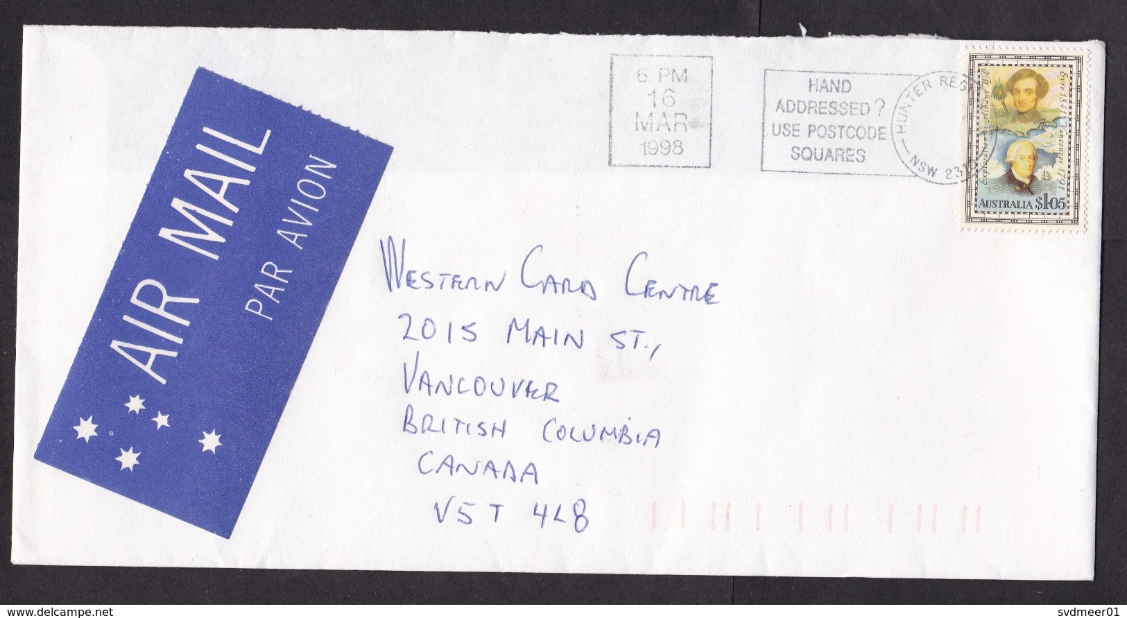 Australia: Airmail Cover To Canada, 1998, 1 Stamp, Explorers, Very Large Air Label (backflap Missing) - Brieven En Documenten