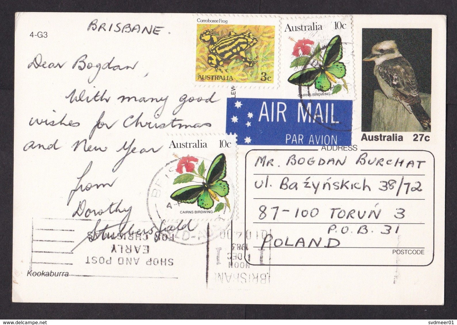 Australia: Stationery Picture Postcard To Poland, 1983, 3 Stamps, Bird, Butterfly, Frog, Small Air Label (traces Of Use) - Briefe U. Dokumente
