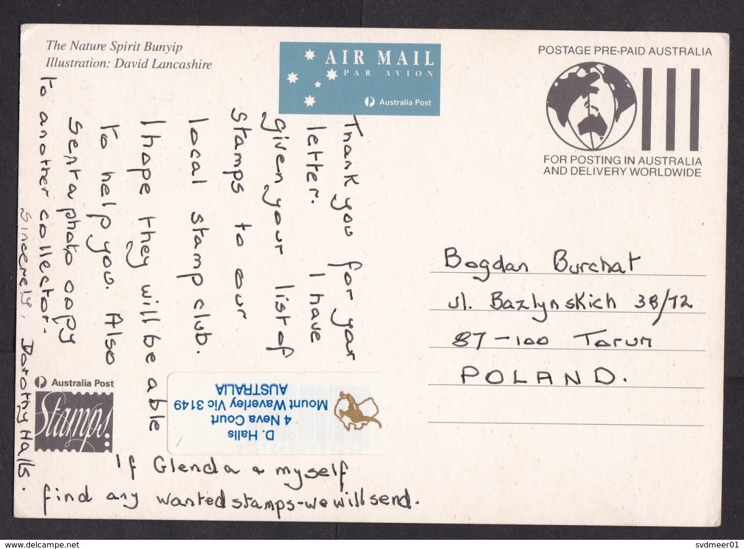 Australia: Stationery Picture Postcard To Poland, Phantasy Creature, No Cancel, Imprinted Air Label (traces Of Use) - Brieven En Documenten