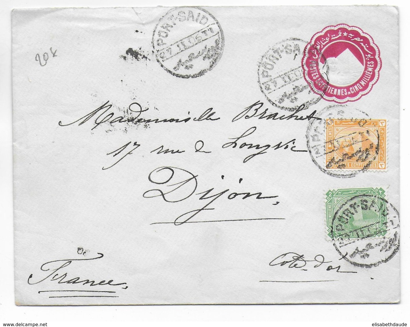 1906 - EGYPTE - ENVELOPPE ENTIER De PORT SAÏD => DIJON - 1866-1914 Khedivato Di Egitto