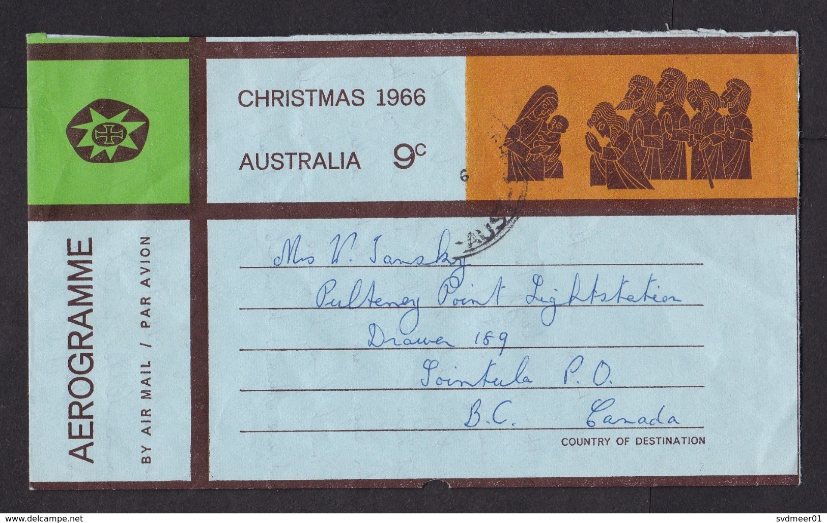 Australia: Stationery Aerogramme To Canada, 1967, Christmas, Birth Of Christ, Air Letter (minor Damage) - Brieven En Documenten