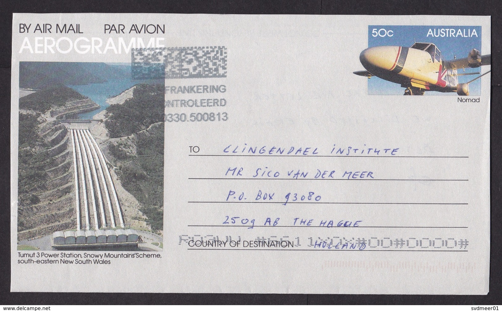 Australia: Stationery Aerogramme To Netherlands, 2000s, Airplane, Power Dam, Air Letter, Postage Control (traces Of Use) - Brieven En Documenten