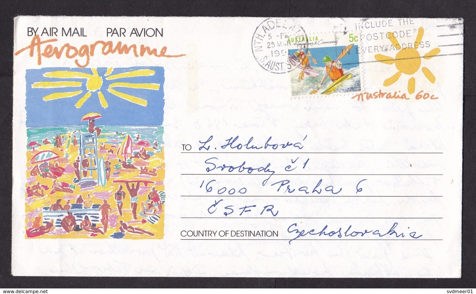 Australia: Stationery Aerogramme To Czechoslovakia, 1991, Extra Stamp, Tourism, Beach, Canoe, Air Letter (traces Of Use) - Brieven En Documenten