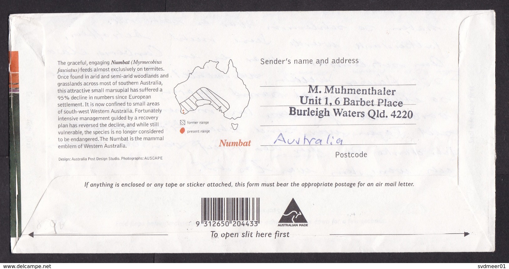 Australia: Stationery Aerogramme To Switzerland, 2003, Numbat, Endangered Animal, Air Letter (minor Creases) - Brieven En Documenten