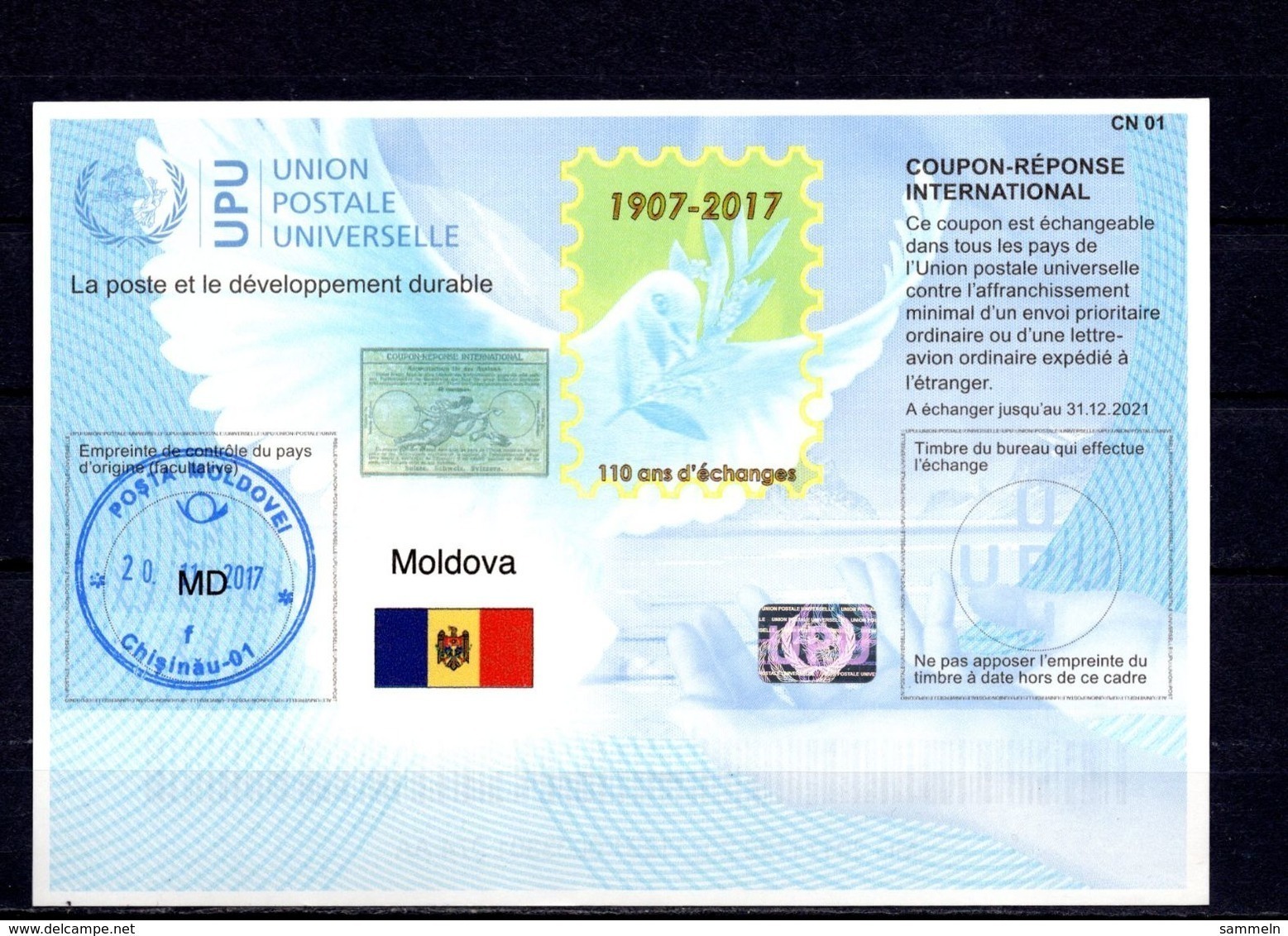 9501 IRC IAS CRI - International Reply Coupon - Antwortschein T43 Moldawien, Moldova, MD 20171120 AA, Chinisau 20.11.17 - Moldawien (Moldau)