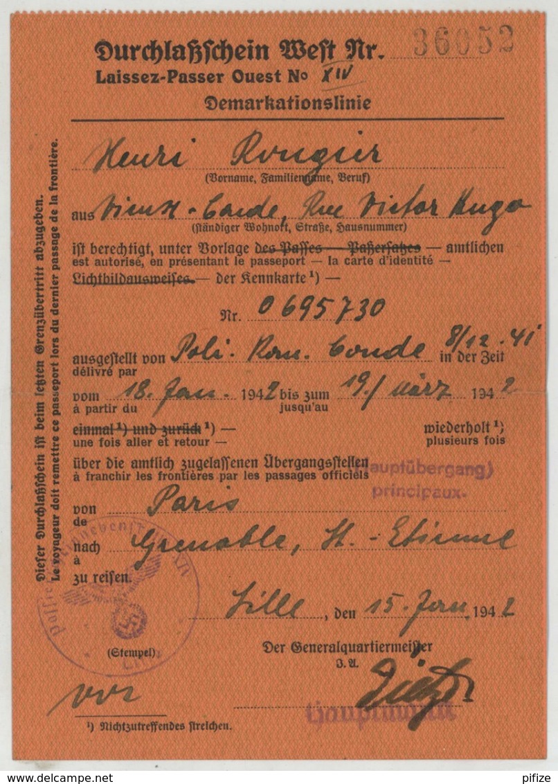 Lille 1942 . 2 Laissez-passer Ouest N° XIV Nordostlinie + Demarkationslinie. Vieux-Condé . Pour Paris Puis Grenoble . - Documents