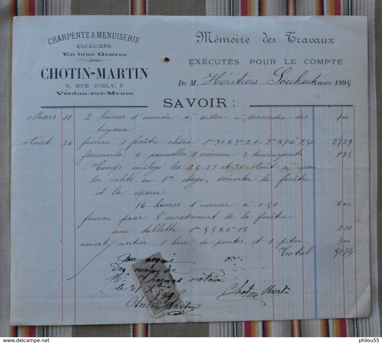 55 VERDUN  Charpente Et Menuiserie, Escaliers CHOTIN MARTIN  Timbre Fiscal - 1800 – 1899