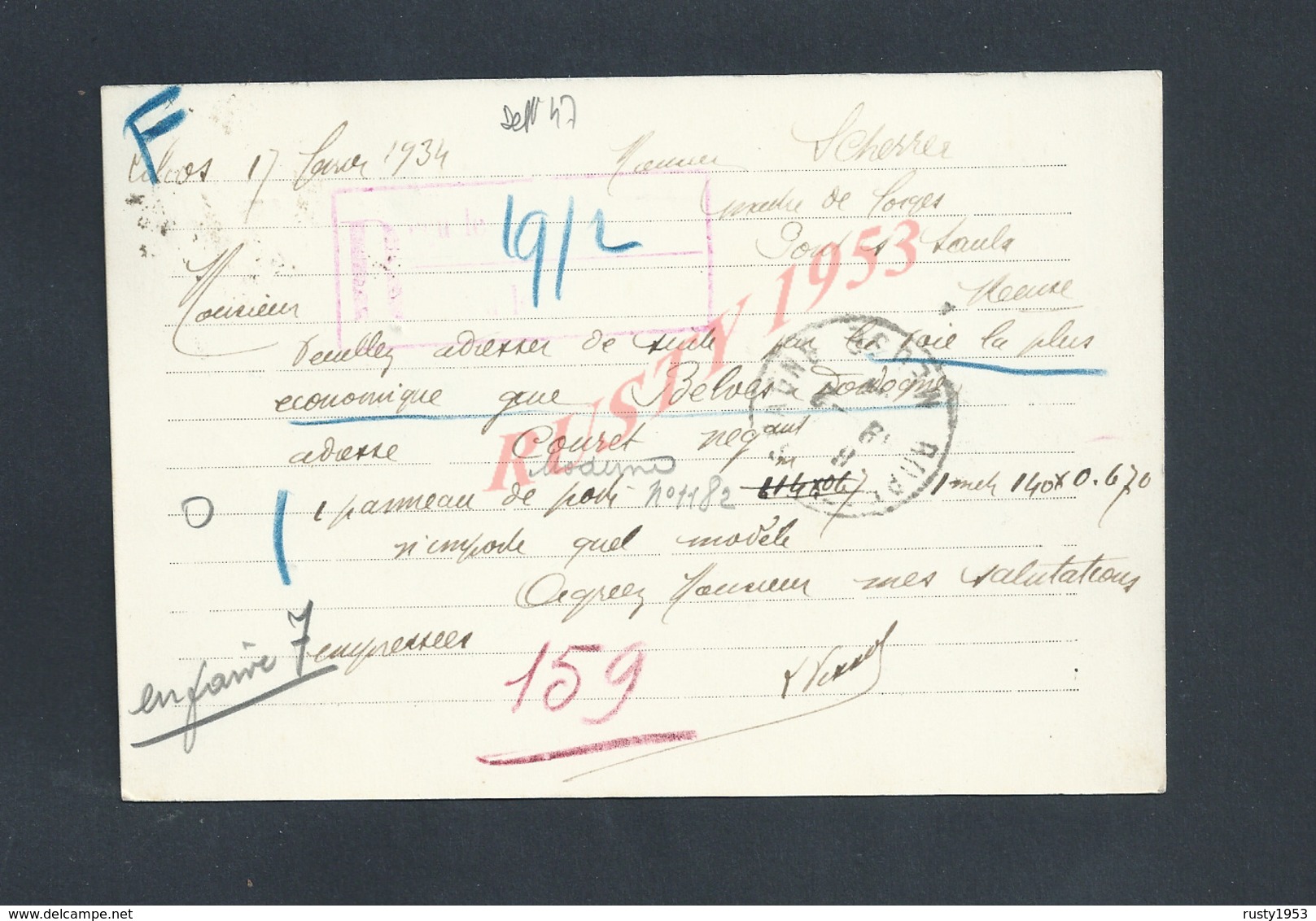 CARTE COMMERCIALE SUR TIMBRE EN AR L VISSOL QUINCAILLERIE À VILLENEUVE SUR LOT  SHERER Mt De FORGES A PONT SUR SAULX : - 1900 – 1949