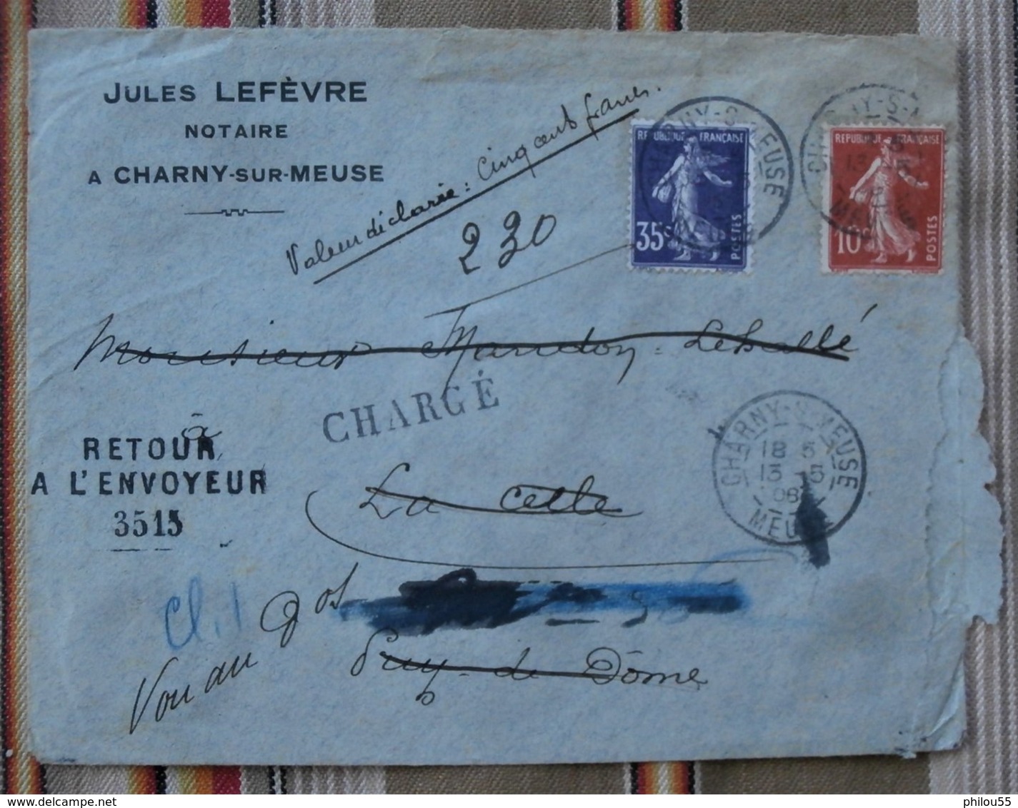 55 CHARNY  Enveloppe  Jules LEFEVRE Notaire Tampons Retour A L Envoyeur Chargé, Cachets Cire - 1900 – 1949