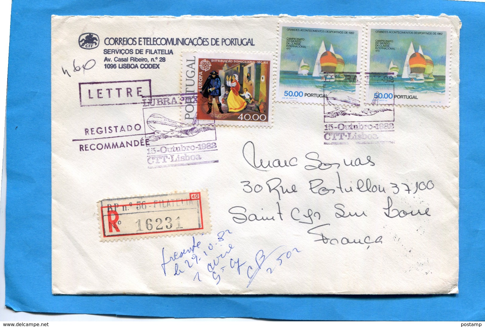 MARCOPHILIE-Lettre-REC--PORTUGAL -cad  AVION1982-LUBRAPEIX -3- StampsN°1539 Voiliers-championnat Du Monde - Storia Postale