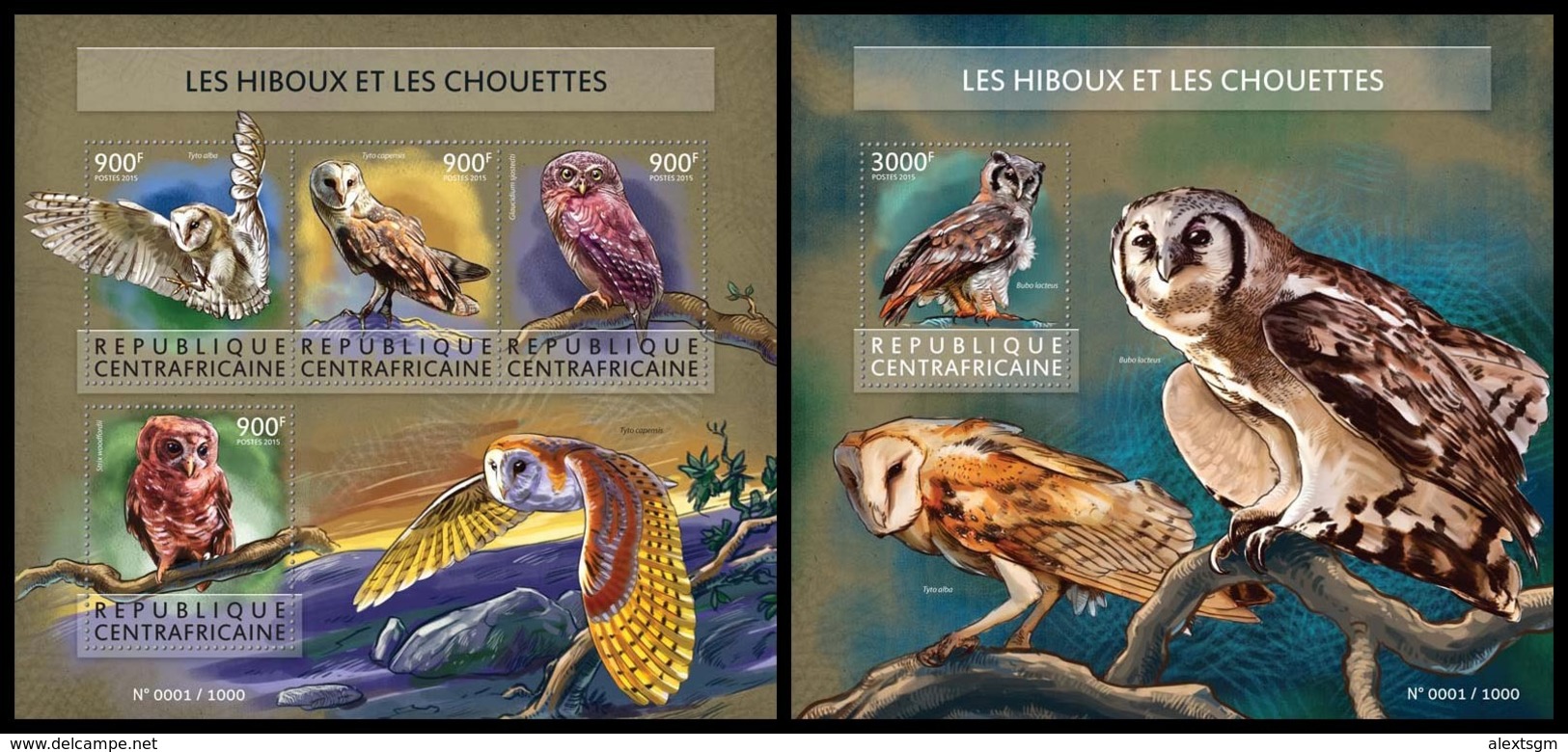 CENTRAL AFRICA 2015 - Owls - YT CV=40 €, 3900-3 + BF847 - Búhos, Lechuza