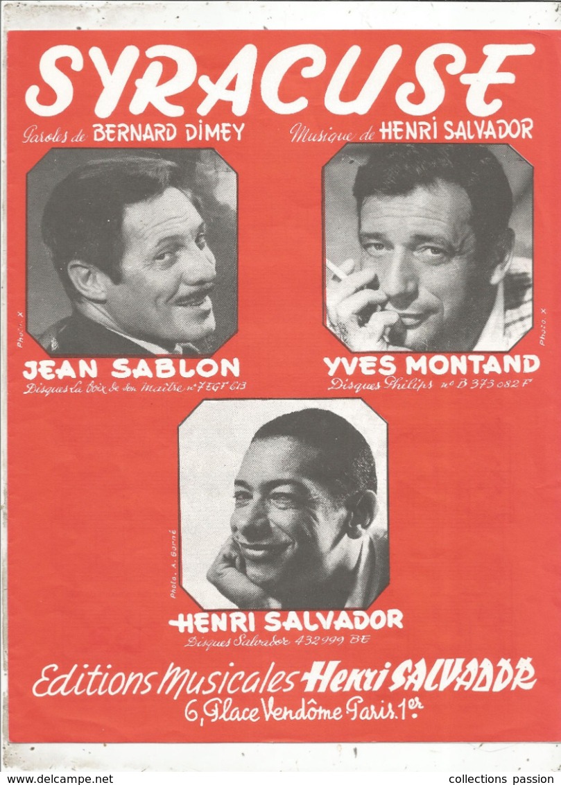 Partition Musicale Ancienne ,  HENRI SALVADOR , Yves Montand , Jean Sablon, SYRACUSE, Frais Fr 1.85e - Partituras