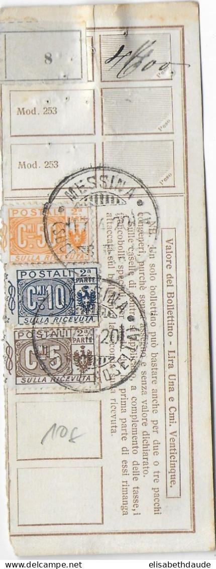 1920 - ITALIA - COUPON RECU De COLIS-POSTAUX De MESSINA => VARENNES SUR ALLIER - Colis-postaux