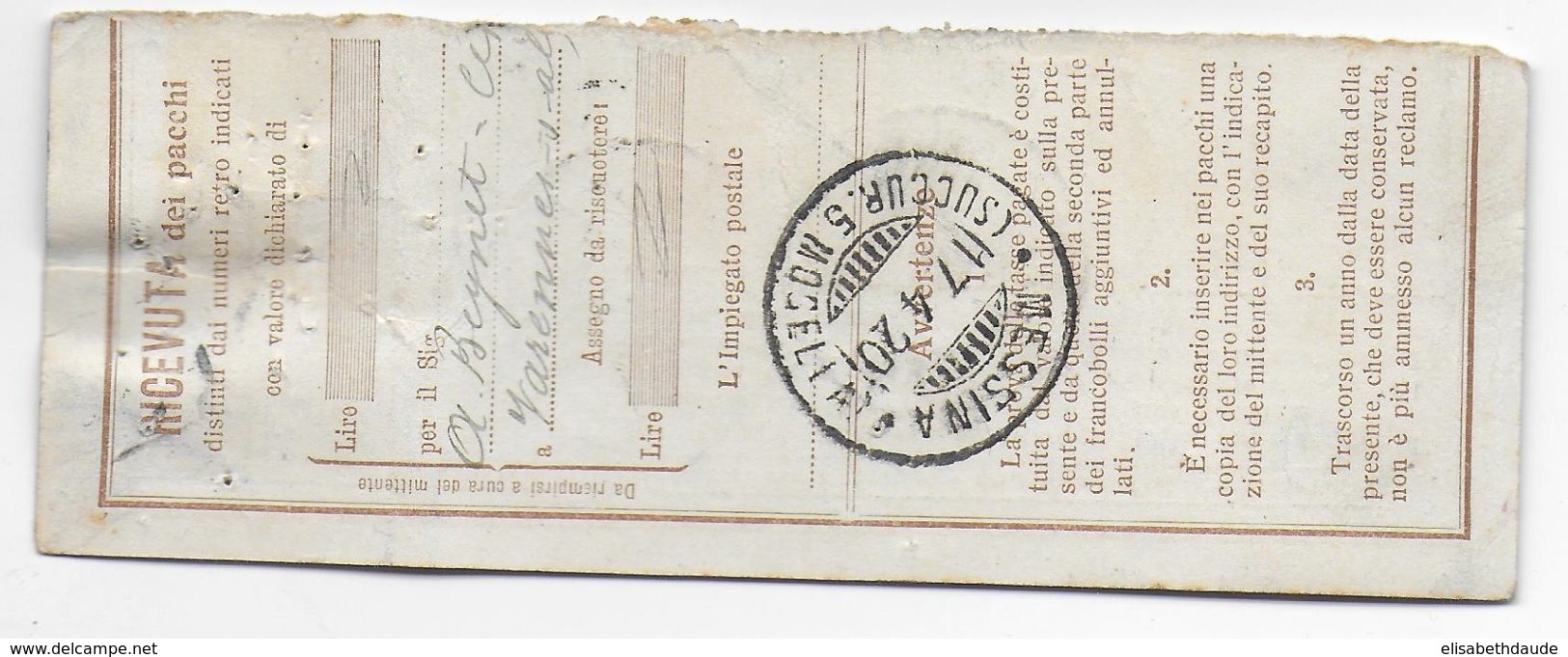 1920 - ITALIA - COUPON RECU De COLIS-POSTAUX De MESSINA => VARENNES SUR ALLIER - Colis-postaux