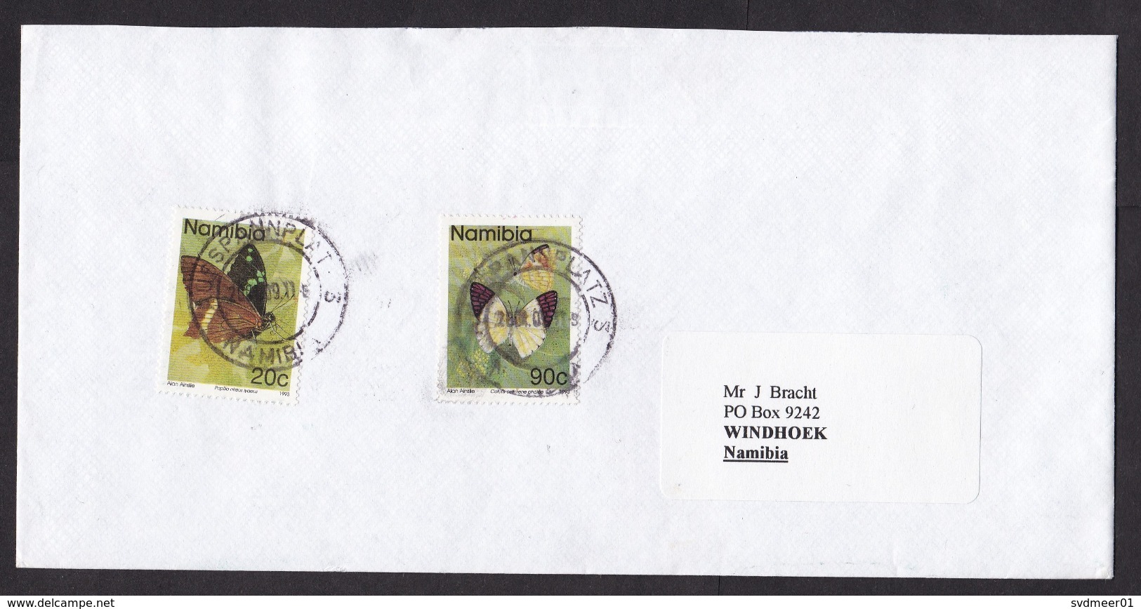 Namibia: Cover, 2001, 2 Stamps, Butterfly, Insect, Cancel Ausspannplatz (traces Of Use) - Namibië (1990- ...)