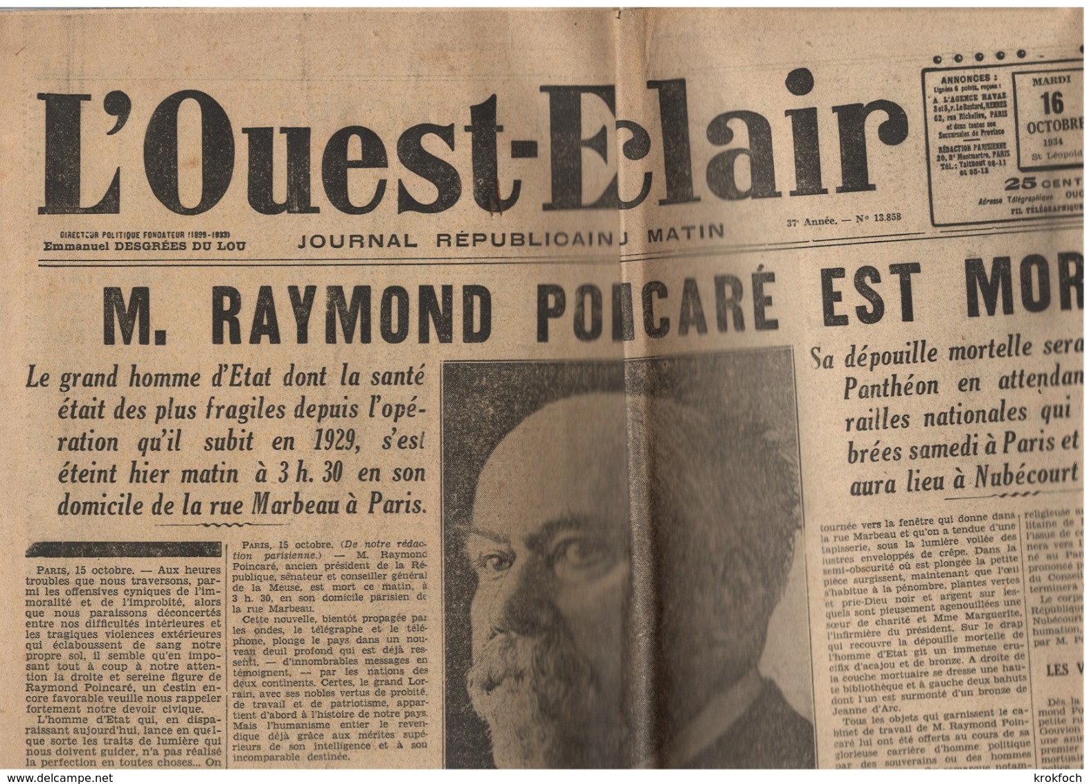 Ouest-Eclair - 16 Octobre 1934 - Mort Président Poincaré - édition Normandie - Andere & Zonder Classificatie