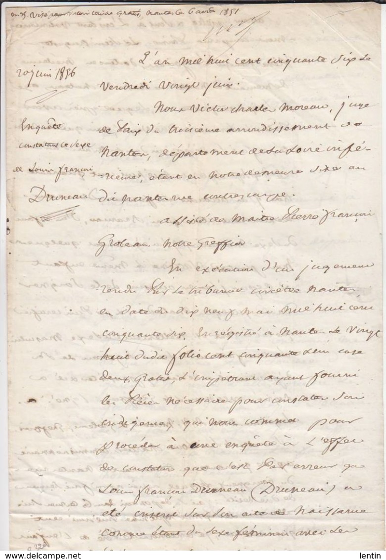 Nantes / Mai 1856 / Jugement Prouvant Que Le Sieur Druneau A été Inscrit à Tort Comme étant Du Sexe Féminin - Cachets Généralité