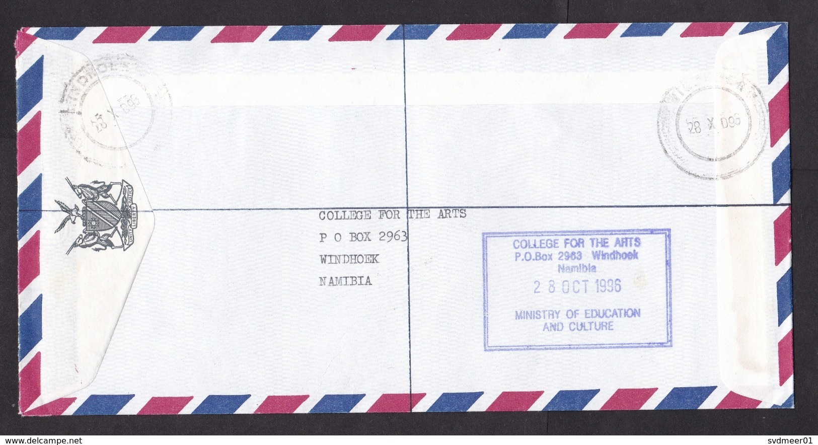 Namibia: Registered Airmail Official Cover To Netherlands, 1996, 3 Stamps, Butterfly, Insect, Label (minor Discolouring) - Namibië (1990- ...)