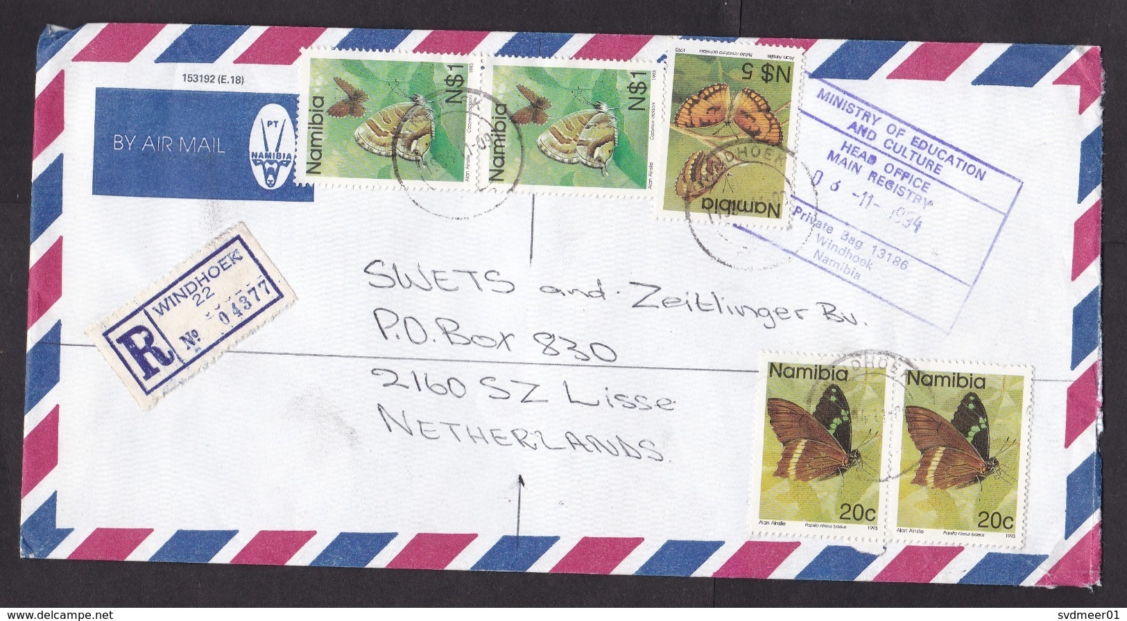 Namibia: Registered Airmail Official Cover To Netherlands 1994, 5 Stamps, Butterfly, Insect, Label (1 20c Stamp Damaged) - Namibië (1990- ...)