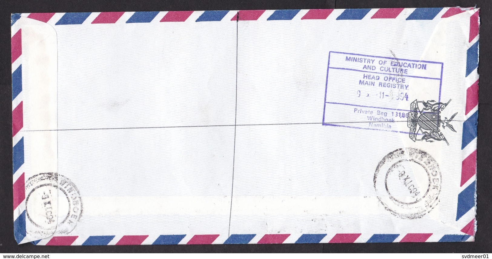 Namibia: Registered Airmail Official Cover To Netherlands 1994, 5 Stamps, Butterfly, Insect, Label (1 20c Stamp Damaged) - Namibië (1990- ...)