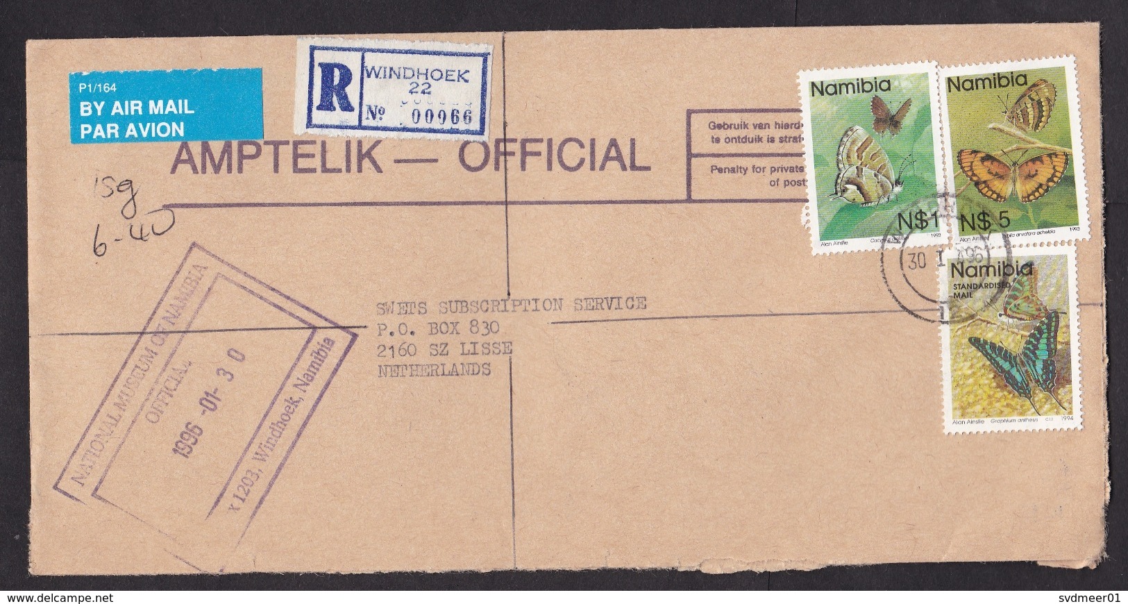 Namibia: Registered Airmail Official Cover To Netherlands, 1996, 5 Stamps, Butterfly, Insect, Air Label (roughly Opened) - Namibië (1990- ...)