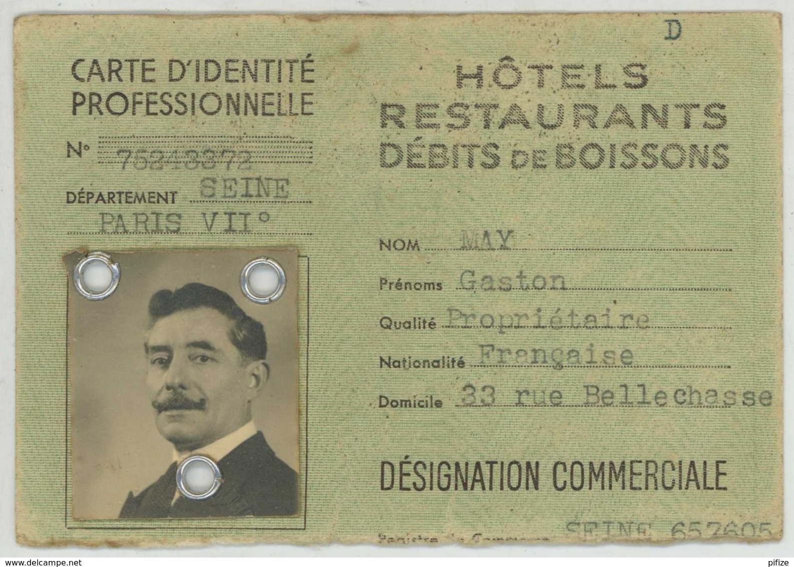 Carte D'identité + (moitié De ?) Carte Professionnelle D'identité D'un Restaurateur . Paris VIIe . Hôtels Restaurants . - Ohne Zuordnung