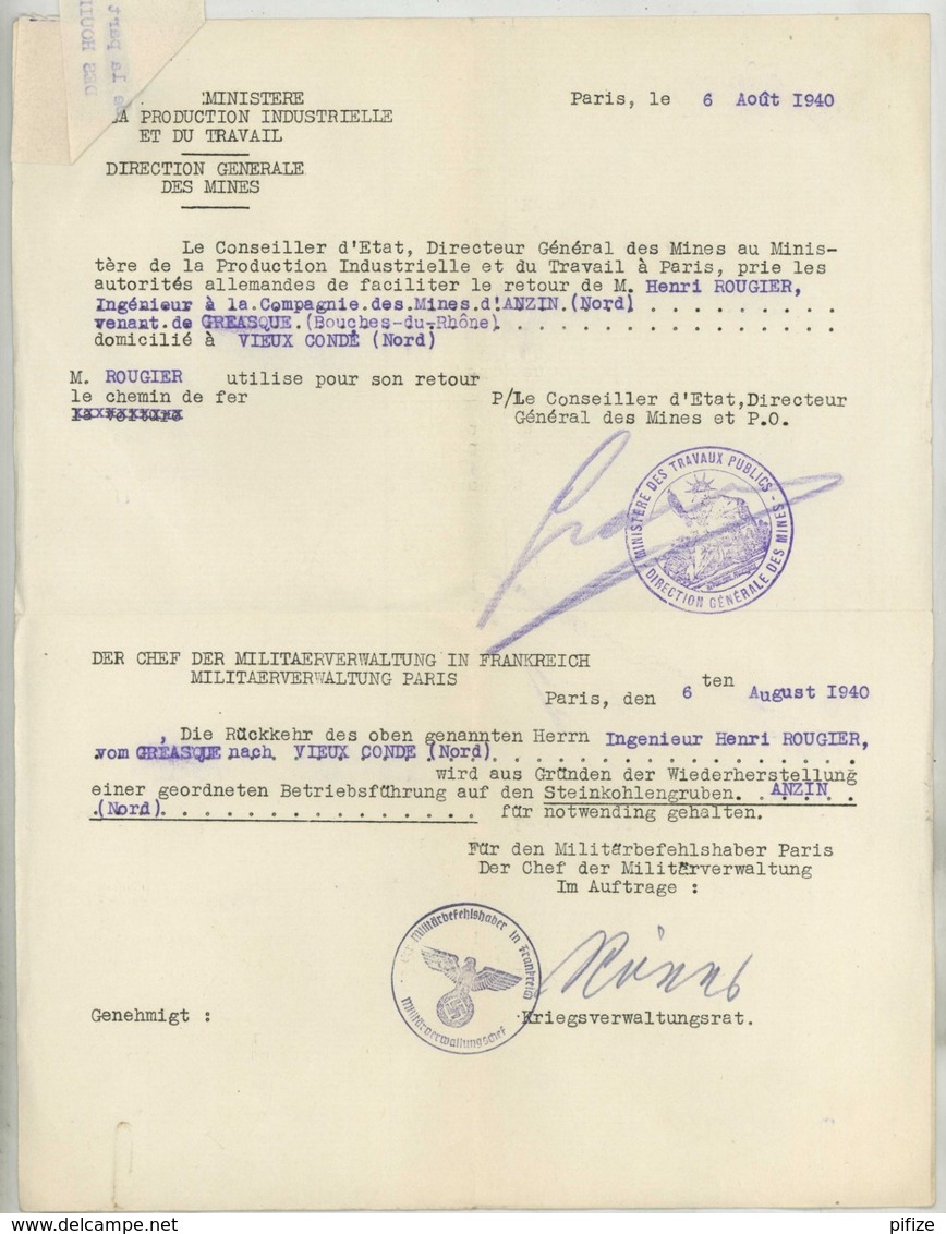 Guerre De 1939-45 . Demande De Rapatriement Ingénieur Des Mines De Charbon D'Anzin + Carte D'identité 1940 . - Documents