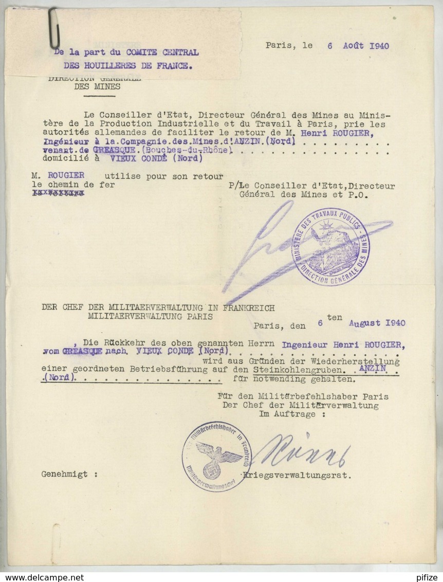 Guerre De 1939-45 . Demande De Rapatriement Ingénieur Des Mines De Charbon D'Anzin + Carte D'identité 1940 . - Documents