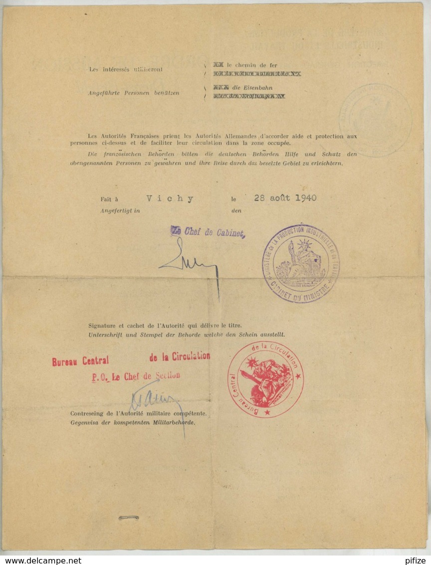 Guerre 1939-45 . Ordre De Mission Direction Générale Des Mines . Vichy 28 Août 1940 . Ingénieur Des Mines Allant à Paris - Documents