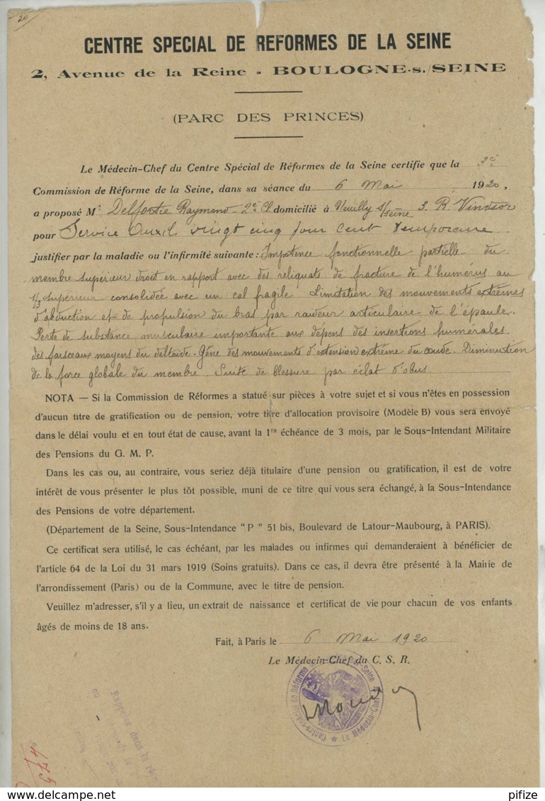 Certificat De Réforme Boulogne-sur-Seine 1920 + Carte D'invalidité Chemins De Fer 1942 . Blessé De Guerre . Eclat D'obus - Documents