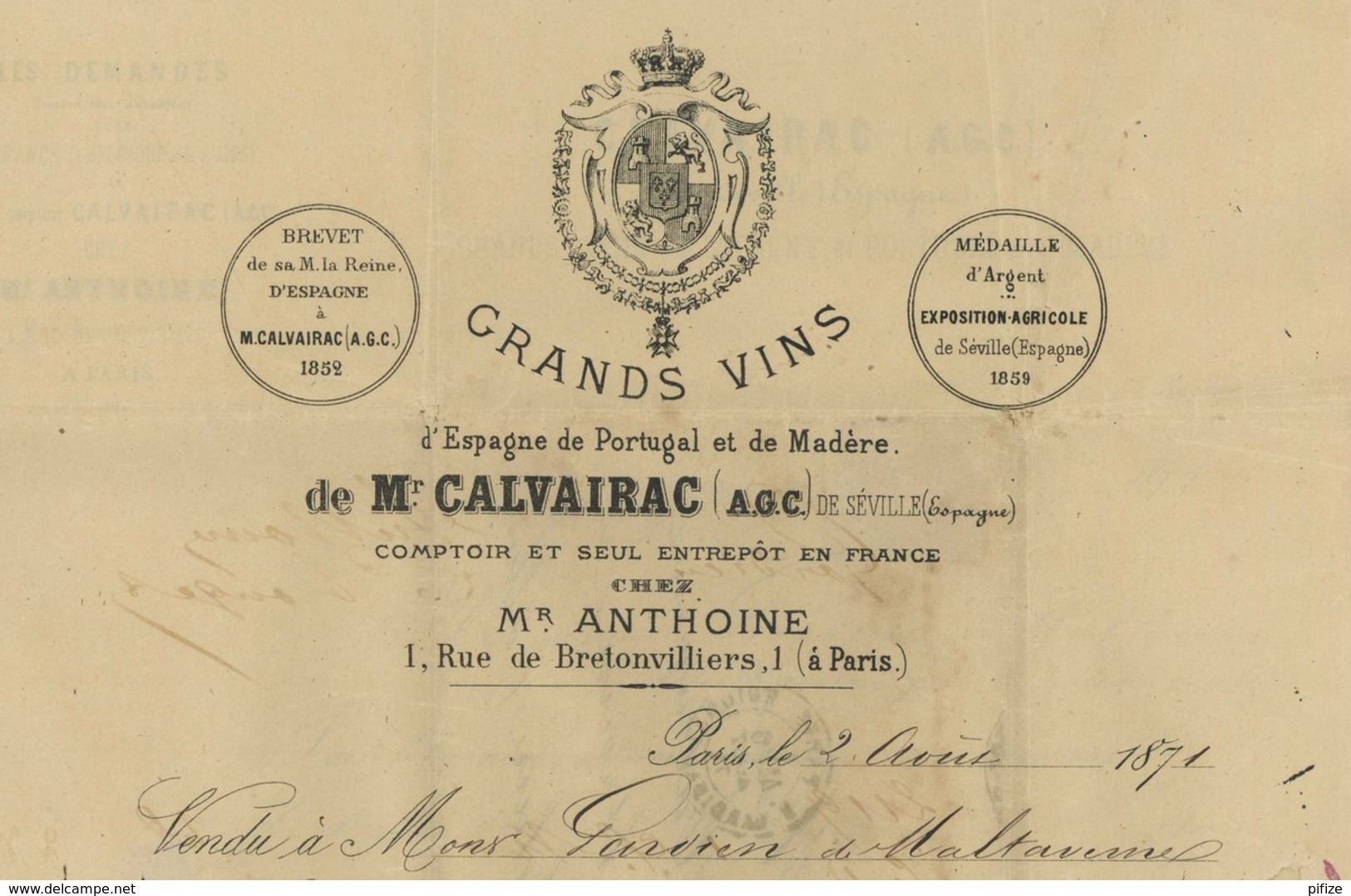 Facture 1871 Calvairac à Séville . Grands Vins D'Espagne , De Portugal Et De Madère . Gardien De Maltaverne à St-Hilaire - 1800 – 1899