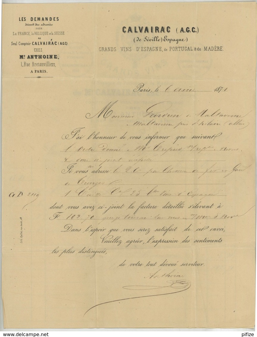 Facture 1871 Calvairac à Séville . Grands Vins D'Espagne , De Portugal Et De Madère . Gardien De Maltaverne à St-Hilaire - 1800 – 1899