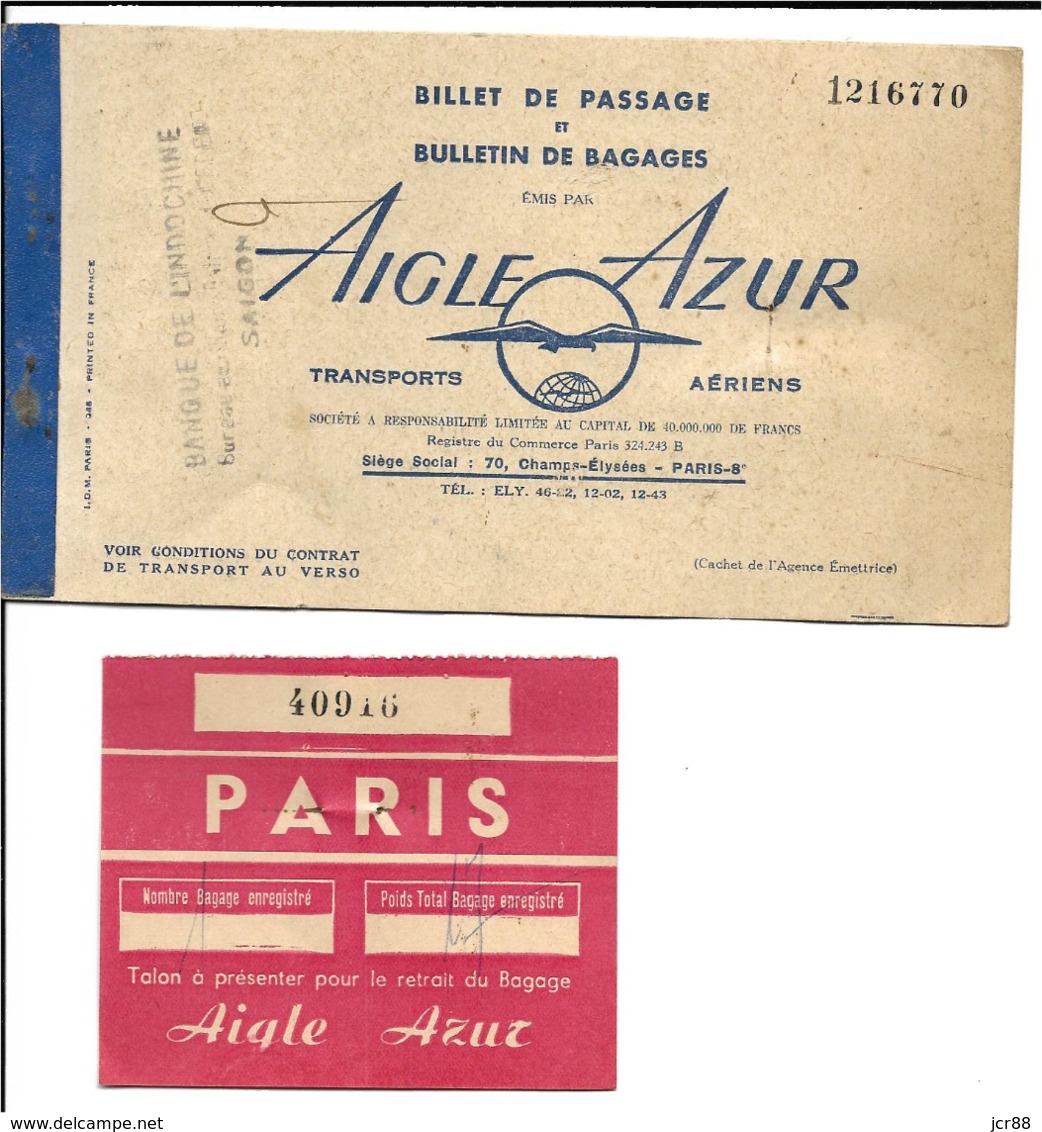 Billet De Passage - Aigle Azur - Transports Aériens - Paris Saigon - Altri & Non Classificati