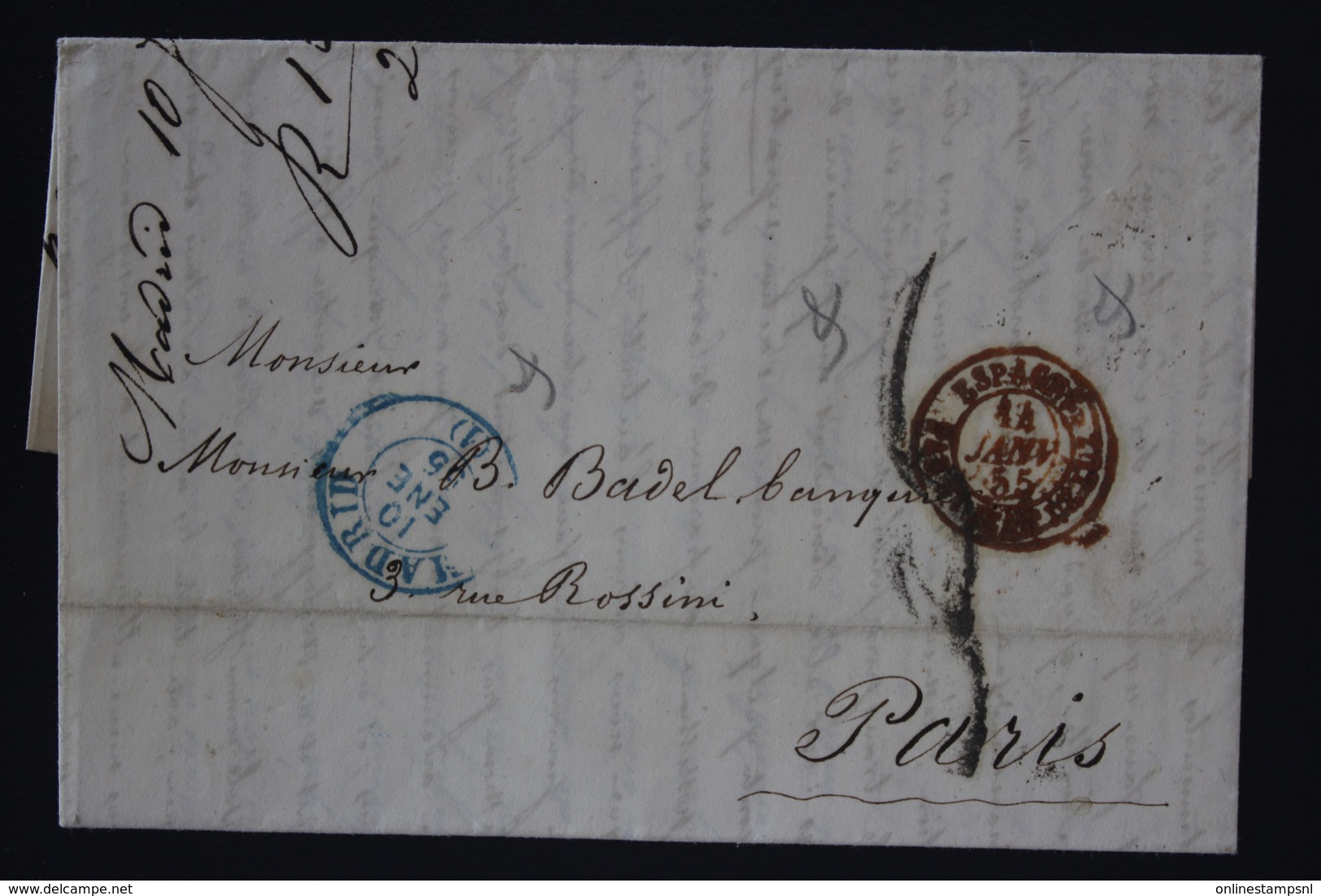 Letter Madrid  Espagne Par Marseille To Paris 1855 - ...-1850 Vorphilatelie