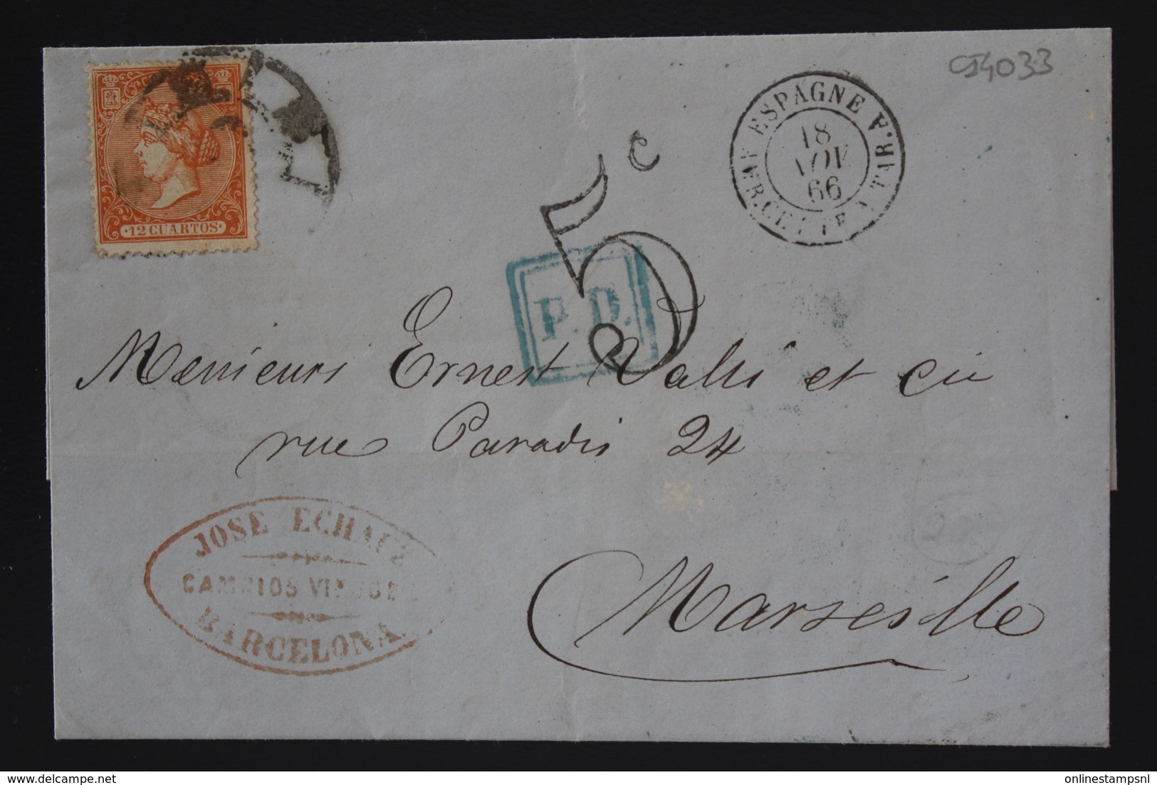 Letter Barcelona To Marseille La Jonquera In Blue   PD In Square 1866  Edf. 82 - Brieven En Documenten