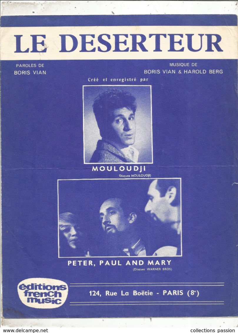 Partition Musicale Ancienne  , MOULOUDJI ,  LE DESERTEUR , Boris Vian , Frais Fr 1.85e - Partitions Musicales Anciennes